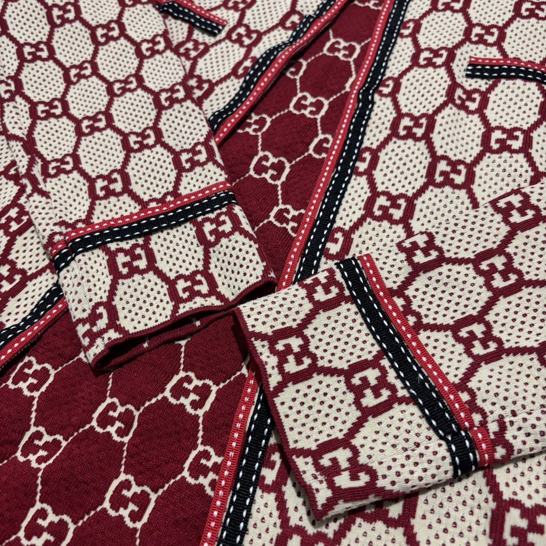 Gucci GG Monogram Knit Cardigan (Category: Luxury Apparel) located in Banga. Submitted by akosiloco (Listing ID 1460723732, Image 3). Description: - Iconic Gucci GG monogram pattern all over - Classic burgundy and beige colorway - Trimmed with red, black, and white ribbon detail - Two functional front pockets - A must-have for any Gucci lover Width 20 Length 29 Excellent Condition 9.8/10 .