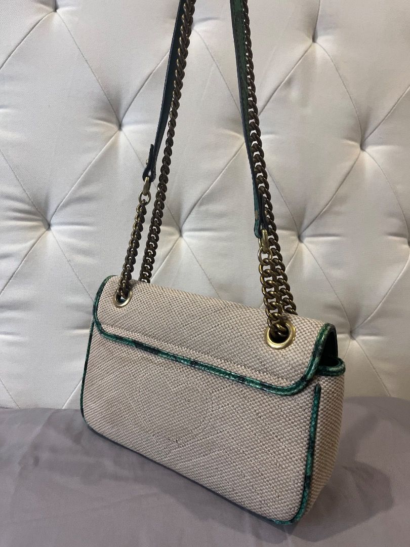 Gucci Marmont Matelassé Raffia Shoulder Bag (Category: Luxury Bags & Wallets) located in Quezon City. Submitted by docagillemontemayor (Listing ID 1460887599, Image 3). Description: - Authentic Gucci Marmont Bag - Material: Beige raffia with green snakeskin trim - Hardware: Gold-tone GG logo and chain strap - Interior: Floral print lining with a zippered pocket - Versatile: Ideal for both day and night use.