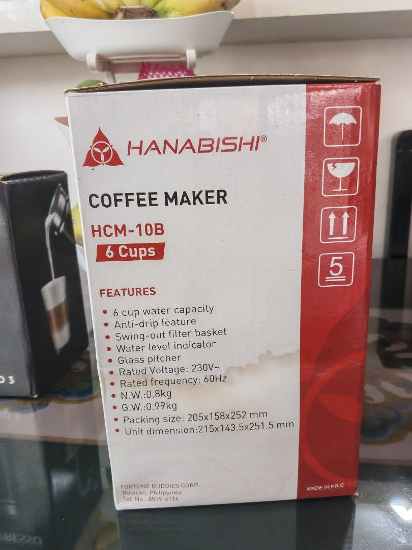 Hanabishi Coffee Maker HCM-10B 6 Cups (Category: Coffee Machines & Makers) located in Caloocan City. Submitted by randomthingsfromme (Listing ID 1460748174, Image 2). Description: - Hanabishi Coffee Maker, Model HCM-10B - Makes up to 6 cups of coffee - Features a durable glass pitcher - Convenient swing-out filter basket - Easy-to-read water level indicator on the side - Rated voltage: 230V - Comes with original packaging - Ideal for your morning