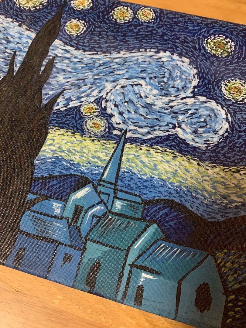 Hand-painted "Starry Night" inspired canvas art (Category: Art & Prints) located in Cainta. Submitted by akosijoan (Listing ID 1460904370, Image 2). Description: - Canvas painting inspired by Van Gogh's "Starry Night" - Ready to hang with wire on the back - Dimensions: Approximately 16 inches x 12 inches - Ideal for art lovers and collectors.