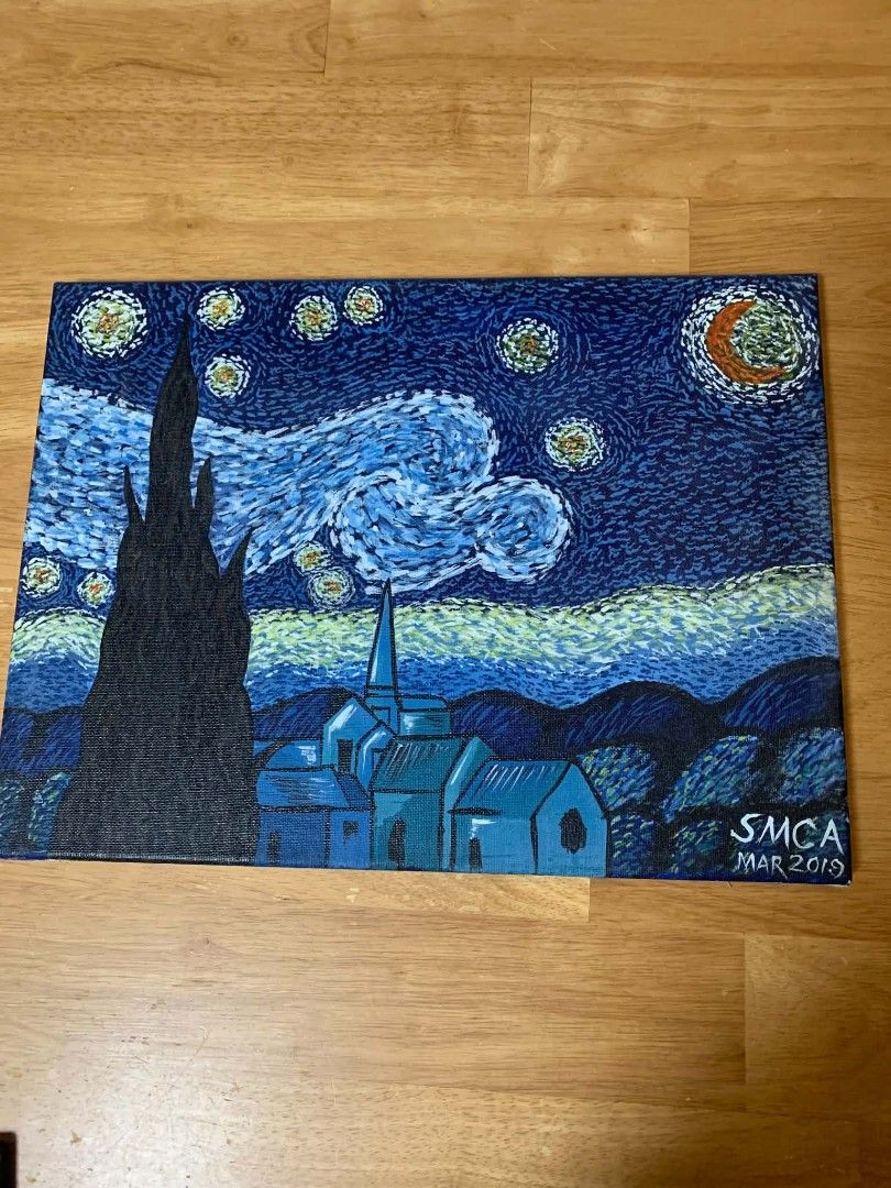 Hand-painted "Starry Night" inspired canvas art (Category: Art & Prints) located in Cainta. Submitted by akosijoan (Listing ID 1460904370, Image 1). Description: - Canvas painting inspired by Van Gogh's "Starry Night" - Ready to hang with wire on the back - Dimensions: Approximately 16 inches x 12 inches - Ideal for art lovers and collectors.
