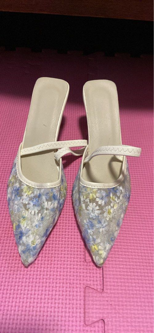 Heels for ₱300/pair (Category: Heels) located in Quezon City. Submitted by angelshopssells (Listing ID 1460744232, Image 3). Description: RFS: Decluttering/Moving ₱300 each pair of heels, no brands (all bought ₱500++) Take all for ₱1100 Pair #1: Nude Kitten Heels (Size 38) Used once to attend a wedding Pair #2: Dainty Blue Flower design Kitten Heels (Size 38) Used for my wedding Worn thrice (2 for fittings, 1 wedding day) Pair #3: Blue Flower Gol