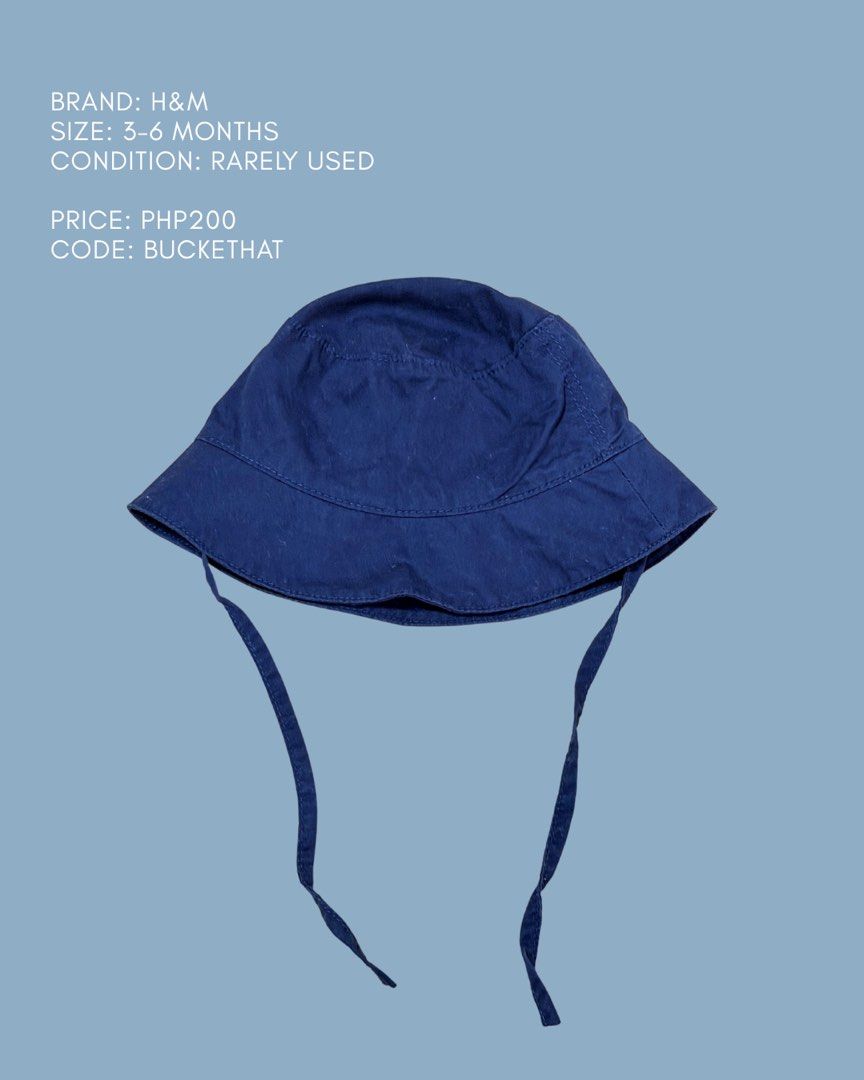 H&M Blue Bucket Hat for 3-6 Months (Category: Babies & Kids Fashion) located in Manila. Submitted by judyarmenta (Listing ID 1460861184, Image 1). Description: - Blue bucket hat from H&M - Fits babies aged 3-6 months - Ideal for sunny weather - Features ties for a secure fit.