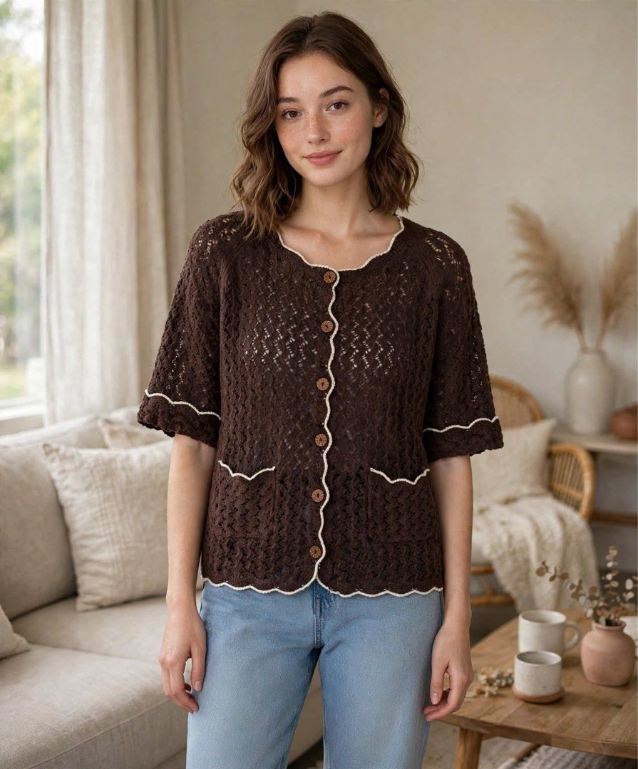 H&M Brown Crochet Button-Up Cardigan (Category: Coats, Jackets and Outerwear) located in Manila. Submitted by rutchemari68583 (Listing ID 1460775132, Image 1). Description: - Brown crochet cardigan from H&M - Size S - Short sleeves with scalloped trim - Button-up front with wooden buttons - Two front pockets - Ideal for layering over dresses or with jeans.