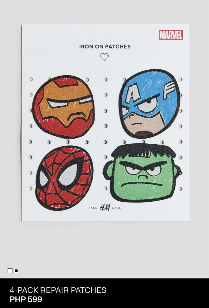 H&M Marvel Iron-On Patches - 4 Pack (Category: Craft Supplies & Tools) located in Pasig City. Submitted by loveanca (Listing ID 1460748453, Image 2). Description: - Cool Marvel iron-on patches featuring Iron Man, Captain America, Spider-Man, and Hulk. - Perfect for customizing jackets, bags, or any clothing item. - Easy to apply using a household iron. - A must-have for any dedicated Marvel fan. - Show off your favorite superheroes in style!.