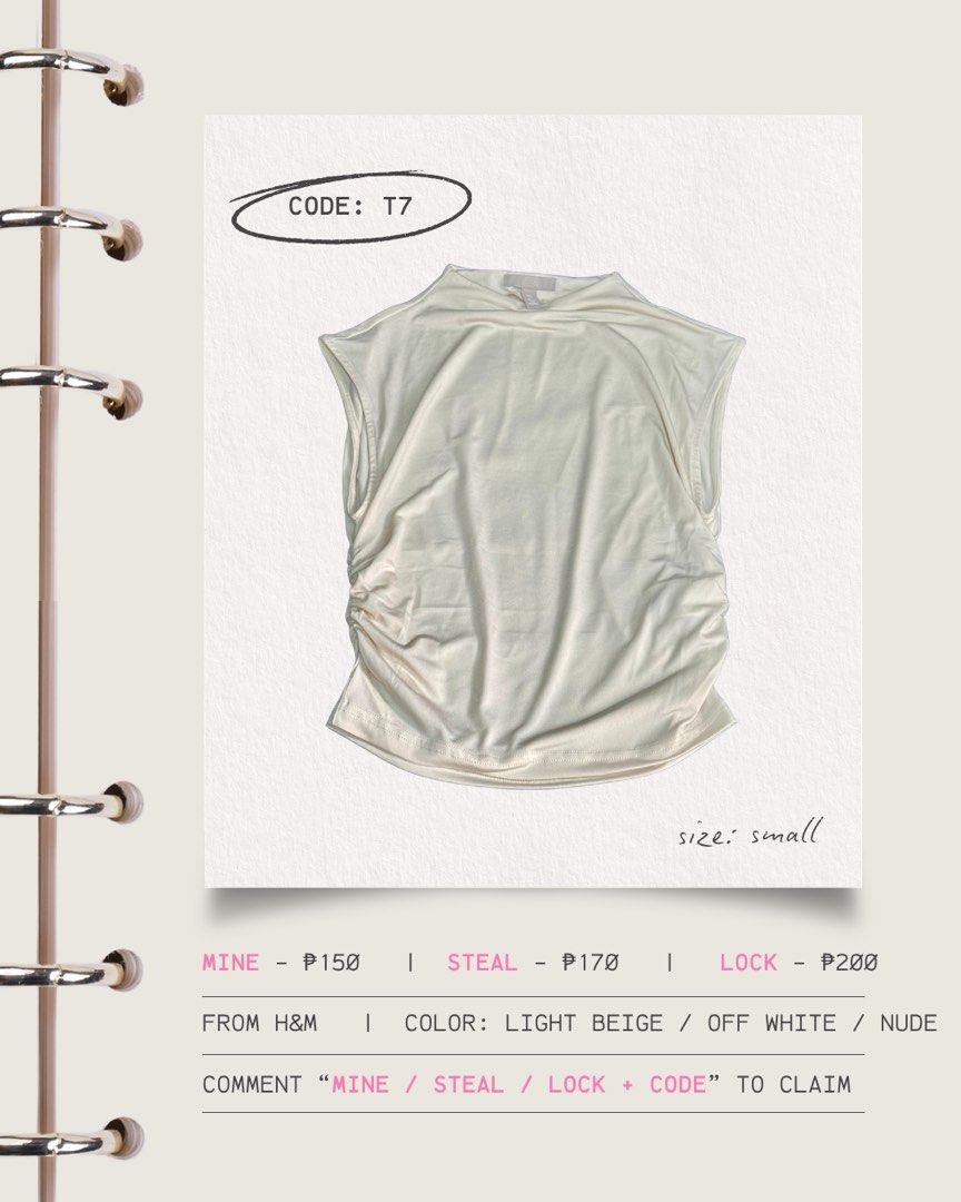H&M Sleeveless Mock Neck Top Light Beige Small (Category: Sleeveless) located in Manila. Submitted by wtsjaemin (Listing ID 1460775199, Image 1). Description: - Brand: H&M - Style: Sleeveless top - Neckline: Mock neck - Details: Side ruching - Color: Light beige / Off-white / Nude - Size: Small (S) - Condition: Great basic piece, perfect for everyday wear. - Availability: Grab it now!.