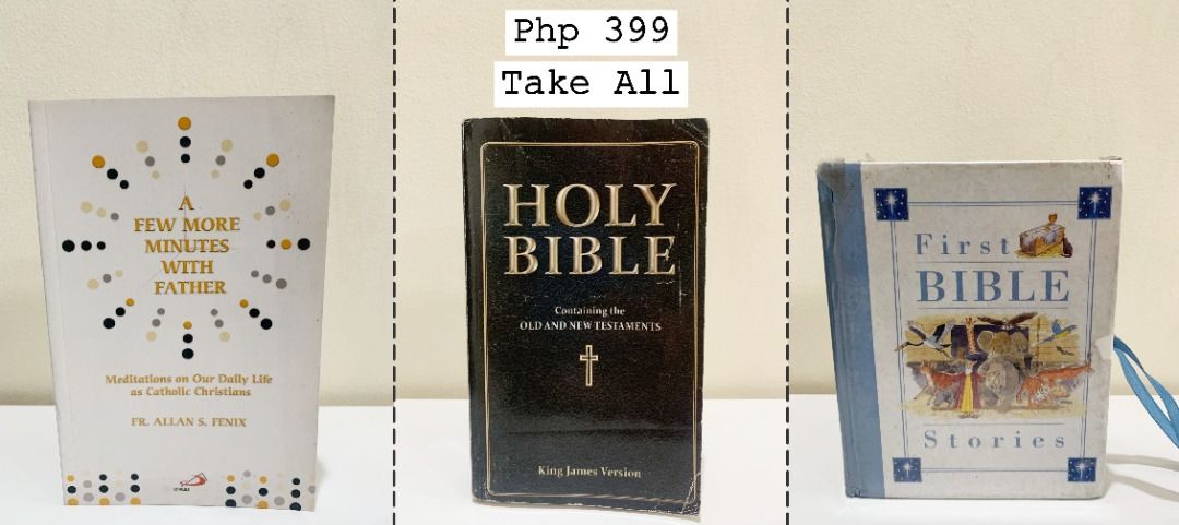 Holy Bible + Faith Books Bundle (Category: Religion Books) located in Caloocan City. Submitted by tomix_danao (Listing ID 1460787166, Image 1). Description: Good condition copies of the KJV Bible, a children's collection of Bible stories, and a Bicolano priest's reflections on faith. Sold as set only. Available Titles: - Holy Bible (King James Version) - A Few More Minutes with Father: Meditations on Our Daily Life as Catholic Christians by Fr. A