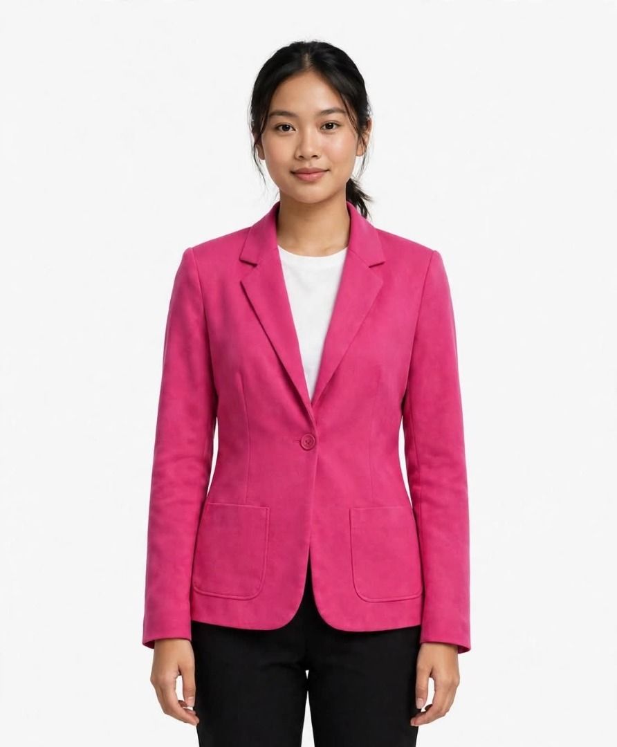 Hot Pink Blazer#44 (Category: Coats, Jackets and Outerwear) located in Caloocan City. Submitted by outfitloop (Listing ID 1460767784, Image 1). Description: - Single button closure - Two functional front pockets - Fully lined for comfort and a polished look IMPORTANT: • 1st photo is an AI styling/model preview for reference on how the item may look when worn. • Please refer to the actual photos for the item’s true appearance and condition. • Colo