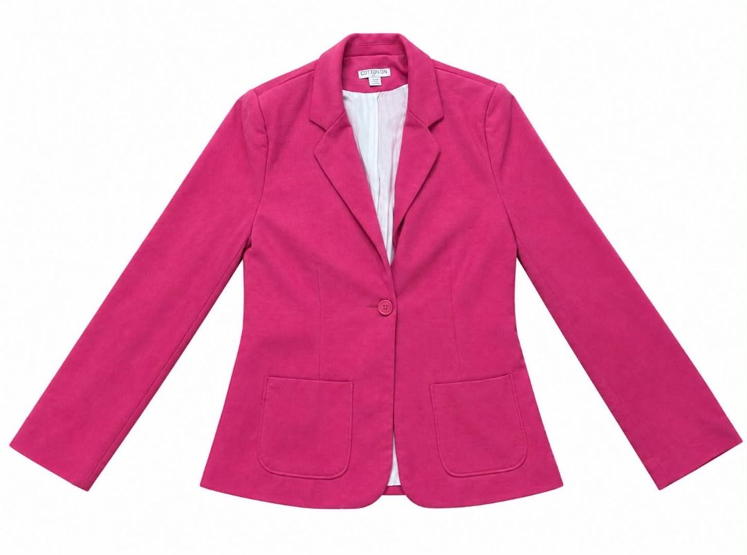 Hot Pink Blazer#44 (Category: Coats, Jackets and Outerwear) located in Caloocan City. Submitted by outfitloop (Listing ID 1460767784, Image 2). Description: - Single button closure - Two functional front pockets - Fully lined for comfort and a polished look IMPORTANT: • 1st photo is an AI styling/model preview for reference on how the item may look when worn. • Please refer to the actual photos for the item’s true appearance and condition. • Colo