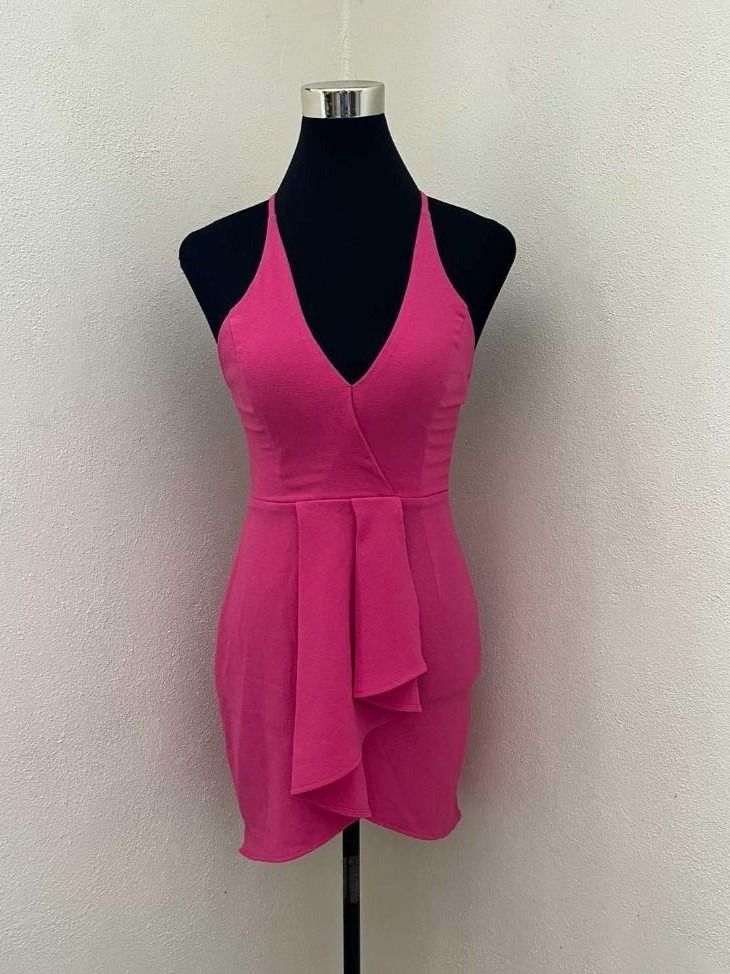 Hot Pink Plunge Ruffle Mini Dress (Category: Dresses) located in Mabalacat. Submitted by keb-a (Listing ID 1460769823, Image 2). Description: 🍒 — xs~small — b: 32~34" — w: 24~26" — h: 34~36" — l: 31" —stretch woven fabric 🍒 — deep V plunge neckline — bodycon with draped skirt — flattering wrap silhouette — ruffle front detail 🍒 — mop: gcash — mod: j&t.