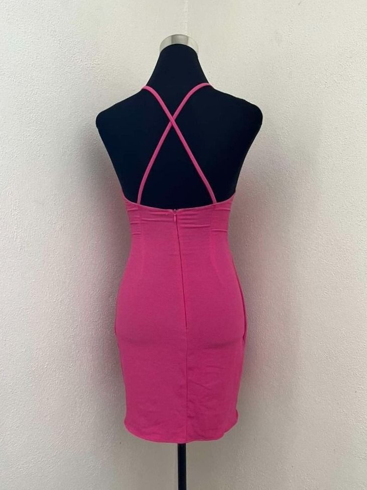 Hot Pink Plunge Ruffle Mini Dress (Category: Dresses) located in Mabalacat. Submitted by keb-a (Listing ID 1460769823, Image 3). Description: 🍒 — xs~small — b: 32~34" — w: 24~26" — h: 34~36" — l: 31" —stretch woven fabric 🍒 — deep V plunge neckline — bodycon with draped skirt — flattering wrap silhouette — ruffle front detail 🍒 — mop: gcash — mod: j&t.