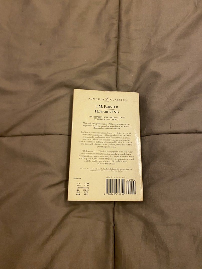 Howards End by E.M. Forster Penguin Classics Paperback (Category: Storybooks) located in Caloocan City. Submitted by lienzonius (Listing ID 1460734427, Image 3). Description: - Penguin Classics edition - Title: Howards End - Author: E.M. Forster - Edited with introduction by Oliver Stallybrass - Classic English novel exploring life and relationships.