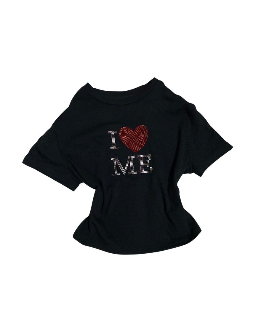 i heart me baby tee (Category: Shirts) located in Manila. Submitted by rainy.finds (Listing ID 1460871172, Image 1). Description: can fit xs-semi m flaws: none w: 16 l: 16.5 bedazzled design.