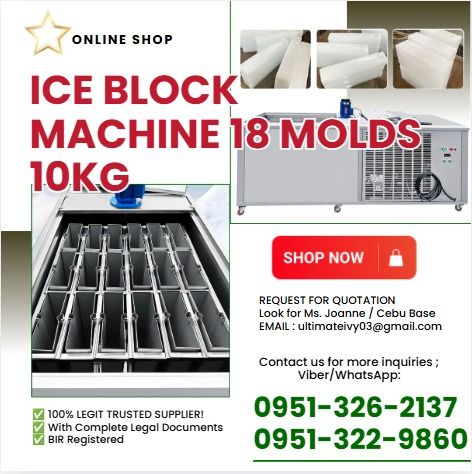 Ice Block Maker Machine Model CYBZJ-1 18 Mould (Category: Home Improvement Tools & Accessories) located in Caloocan City. Submitted by annedacey222680 (Listing ID 1460779876, Image 1). Description: • Model CYBZJ-1 • Capacity (PER DAY) 1000KG • Voltage - 220V 50HZ • Power - 6KW • Compressor - 松下 6HP • Refrigerant - R22/R410 • Mold size and weight - 262*77*620MM / 10KG • Mold Qty 18 pcs • Freezing Time 4 hours per batch • Net weight - 386KG • Machi