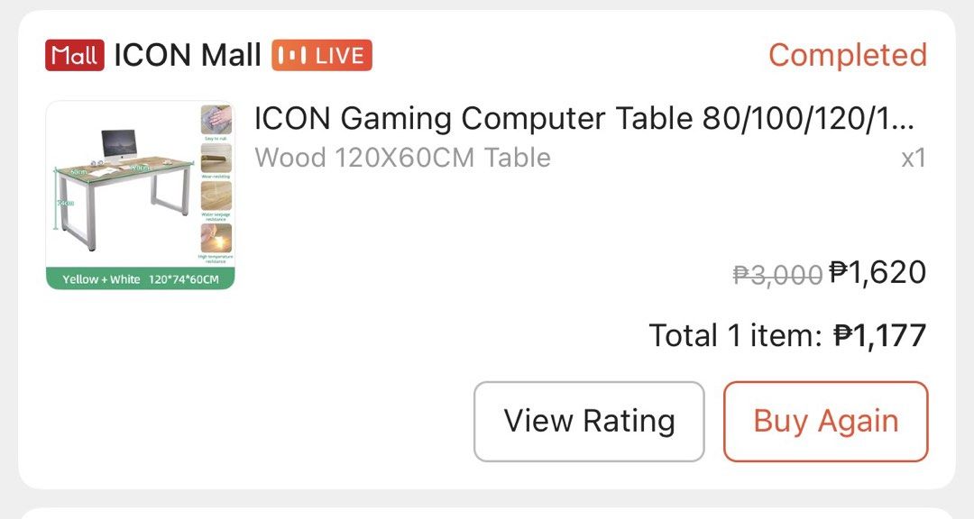 ICON Gaming Computer Table Wood 120x60CM Yellow + White (Category: Tables & Sets) located in Taguig. Submitted by kamsafire (Listing ID 1460766420, Image 2). Description: - Sturdy computer table - Wood top with white metal legs - Dimensions: 120cm (L) x 60cm (W) x 74cm (H) - Water and heat resistant surface - Easy to clean - Ideal for gaming or work setup Loc: Tanauan, Batangas.