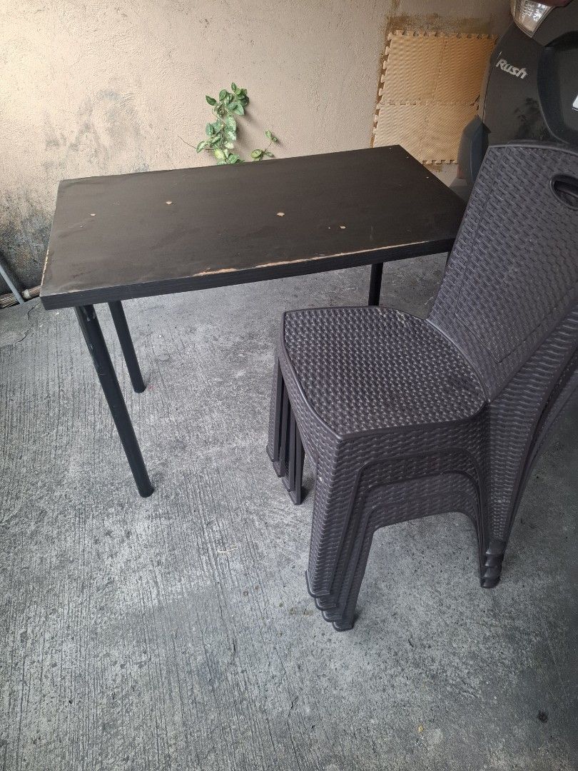 Ikea table and 4pcs rattan chairs (Category: Tables & Sets) located in Manila. Submitted by angelesmig00232 (Listing ID 1460776910, Image 1). Description: Selling this as a pack na po. 4pcs rattan chair and ikea table Ikea table used as a dining table pero originally it is for study table. May mga chip lang sa paint nya pero it will still do its purpose which is to be used as a dining table po. 4 pcs rattan chair wala naman issue. Linis lang. Pm 