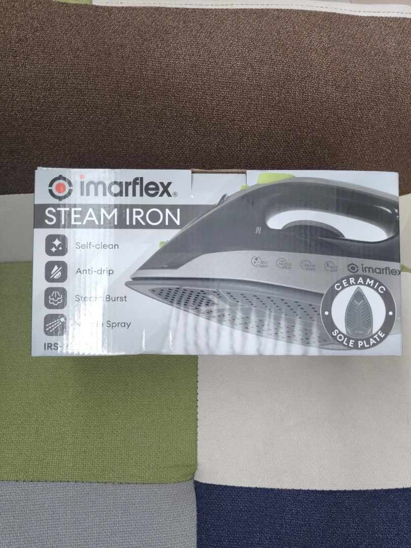 Imarflex Steam Iron IRS-220C 2200W Ceramic Sole Plate (Category: Irons & Steamers) located in Rizal. Submitted by anyadrea (Listing ID 1460744053, Image 1). Description: - Imarflex Steam Iron IRS-220C - Powerful 2200W for efficient ironing - Large 350ml water tank for longer steaming - Ceramic sole plate for smooth gliding - Self-clean function for easy maintenance - Anti-drip feature prevents water stains - 360° pivoting cord for comfortable han