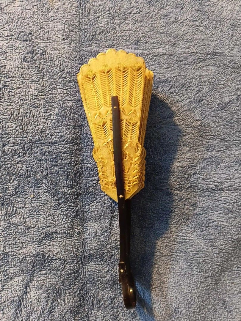 Indonesian Wayang folding hand fan (Category: Fans) located in Manila. Submitted by gt747express (Listing ID 1460892698, Image 3). Description: This object is an antique Javanese Wayang folding fan from Indonesia. It is an openwork, brisé-style fan handcrafted from gilded and pierced animal vellum (parchment), typically made from water buffalo hide. size : 9 x 15 inches spread.