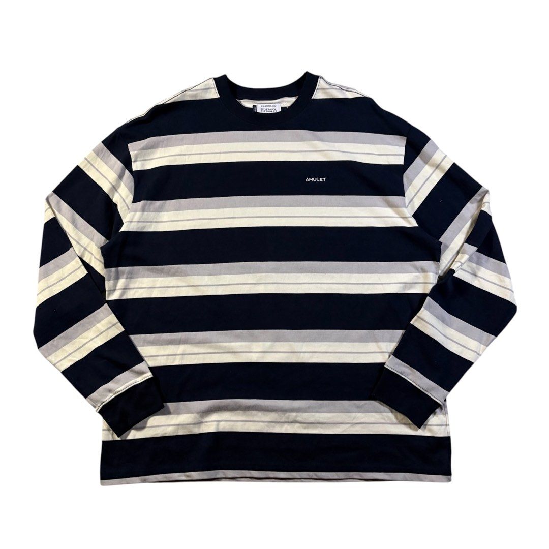 INHERE JP "Amulet" Striped Pullover Swearer in Blue (Category: Coats, Jackets and Outerwear) located in Manila. Submitted by yama_archive (Listing ID 1460855462, Image 1). Description: INHERE JP "Amulet" Striped Pullover Swearer in Blue Dimes (inches starting from 0) — - Size on tag: M (can fit up to XXL) - Width: 28.5 - Length: 30.5 - Shoulders: 26 - Sleeves: 26 - Fabric: Cotton ₱1300 Issues: ❌ Condition: 10/10 Color Rate: 10/10 *Color might be 