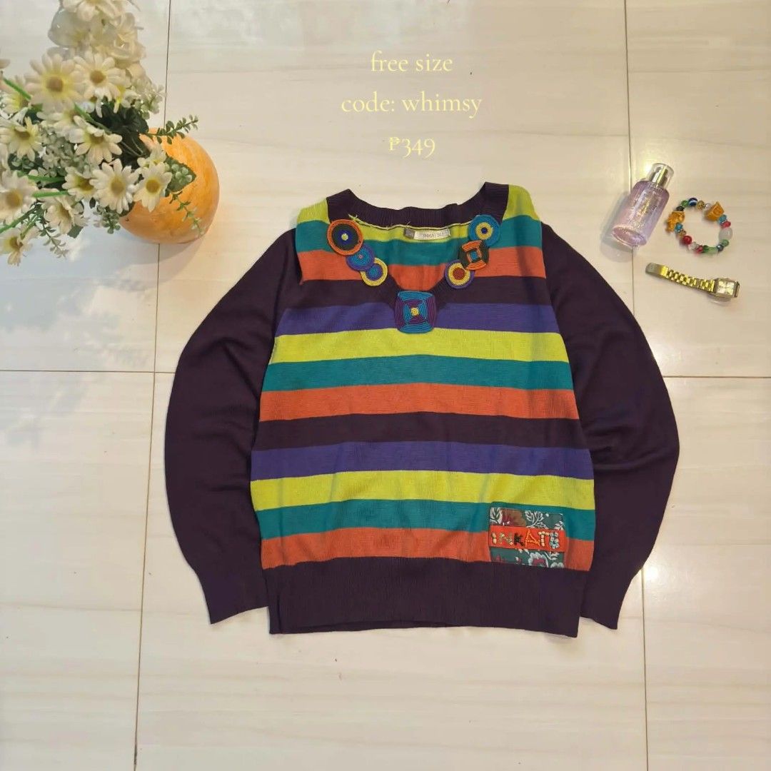 INKATSU Vintage Whimsical Sweater (Category: Coats, Jackets and Outerwear) located in Manila. Submitted by true.brclo_thing (Listing ID 1460725225, Image 1). Description: Cute and colorful long-sleeve knit sweater with rainbow stripes and solid purple sleeves! Features unique circular crochet designs along the neckline and a decorative patch on the front bottom corner. Very soft, cozy, and perfect for a colorful, playful look..
