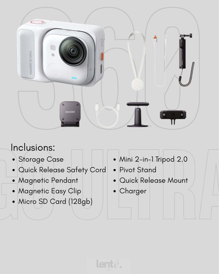 Insta360 GO Ultra Creator Bundle (Category: Cameras) located in Manila. Submitted by allenlupinna (Listing ID 1460885925, Image 2). Description: - Insta360 GO Ultra action camera - Includes: Storage case, safety cord, magnetic pendant, easy clip - Also comes with: Mini tripod, pivot stand, quick release mount, charger - 128GB Micro SD card included - Negotiable for sure buyer! - Bought last February 2026! (with box and case) - Used once! Rfs: hin
