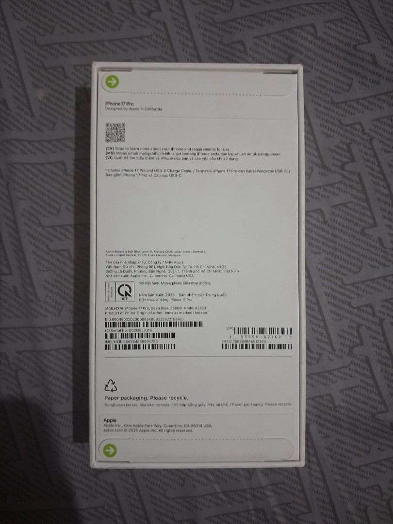 Iphone 17 Pro (Category: iPhone 17 Series) located in Cavite. Submitted by cilenat (Listing ID 1460810316, Image 2). Description: Iphone 17 pro Brandnew sealed openline 256GB.