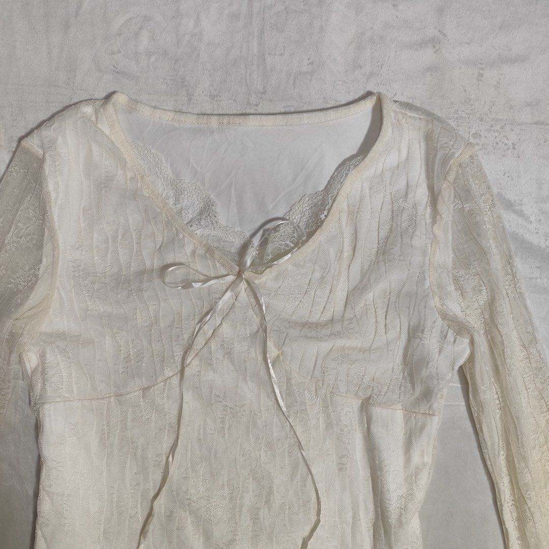 Ivory Sheer Tie-Front Blouse (Category: Longsleeves) located in Davao. Submitted by withloveshai_ (Listing ID 1460812906, Image 2). Description: .