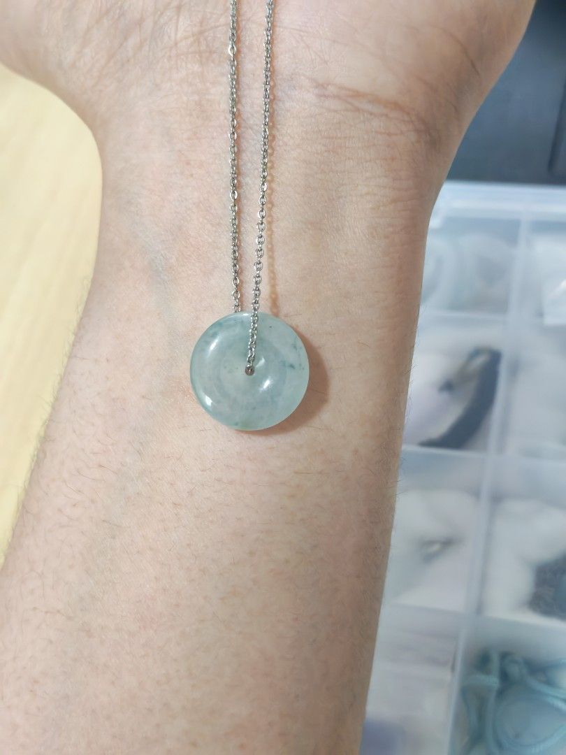 Jadeite Donut Pendant (Category: Necklaces) located in Bacoor. Submitted by jadeitemaster (Listing ID 1460740461, Image 1). Description: Type A Icyy with floating. Price still negotiable. Bluish green color. Very fashionable! O give free stainless steel chain..