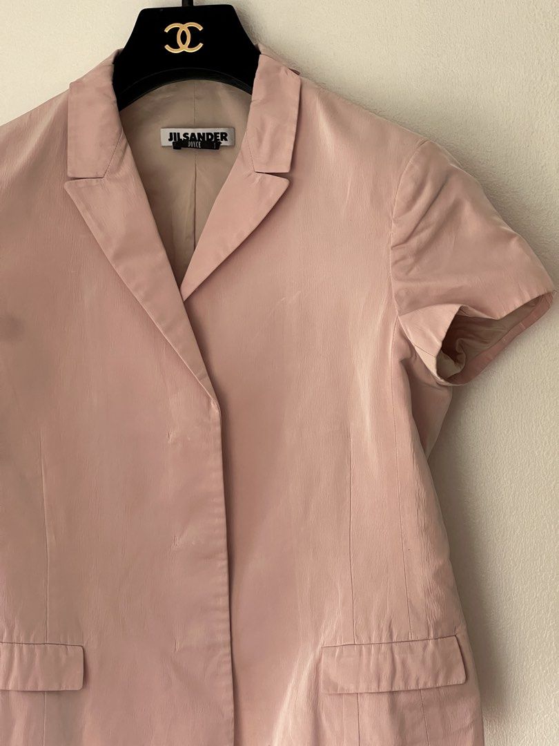 Jil Sander by Raf Simons dull satin blazer top (Category: Luxury Apparel) located in Quezon City. Submitted by raccoonfur (Listing ID 1460842459, Image 2). Description: Bubble gum pink tailored blazer top by Raf Simons for Jil Sander. Beautiful construction and material. No visible damage. Flat measurements: Pit to pit 44.5cm Waist 41cm Length 50.5cm Shoulders 41cm Sleeve length 14cm.
