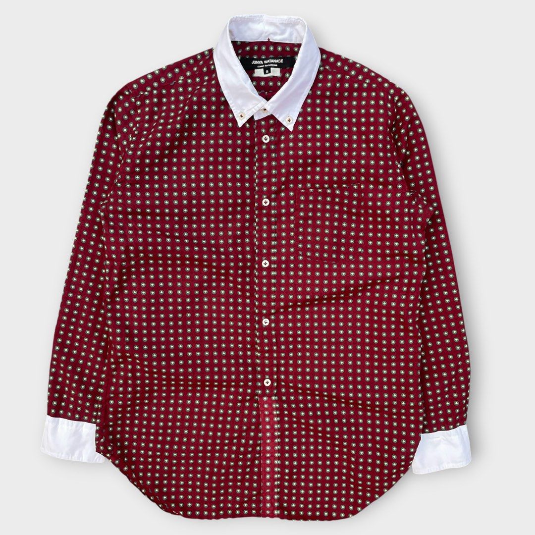 Junya Watanabe - Comme des Garcons - Patterned Button-up Shirt (Category: Formal Shirts) located in Los Banos. Submitted by declutterking (Listing ID 1460732593, Image 1). Description: Size Small on tag • contrast cuffs and collar • burgundy patterned design • cut wash tags Dimensions: 15.25" shoulders 18.75" chest 28" length 22" sleeves Excellent condition Authentic.