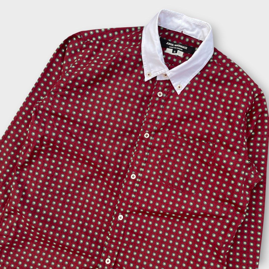 Junya Watanabe - Comme des Garcons - Patterned Button-up Shirt (Category: Formal Shirts) located in Los Banos. Submitted by declutterking (Listing ID 1460732593, Image 2). Description: Size Small on tag • contrast cuffs and collar • burgundy patterned design • cut wash tags Dimensions: 15.25" shoulders 18.75" chest 28" length 22" sleeves Excellent condition Authentic.