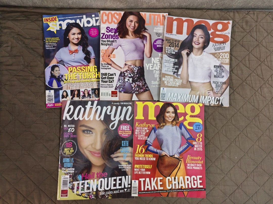 Kathryn Bernardo Magazine Collection (Category: Magazines) located in Santa Ana. Submitted by _elyinwanderland (Listing ID 1460813815, Image 1). Description: For take all for 500 php - Includes Cosmopolitan, Meg, Inside Showbiz, and Candy Fan magazine.