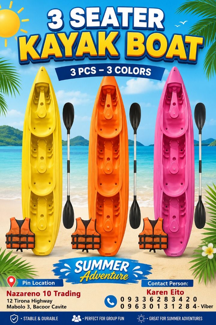 KAYAK BOAT LEISURE BOAT (Category: Looking For) located in Bacoor. Submitted by kajezame.2021 (Listing ID 1460762426, Image 1). Description: KAYAK BOAT LEISURE BOAT For More Details and Discount Contact Ms. Karen NAZARENO 10 TRADING 0963 0131 284 0933 6283 420 0956 7028 557 0933 8559 510 Landline: Look for Ms. Karen (046 ) 416 3920 Also available: • Traffic cone • Parking Block stopper • Hooded trash bin • Road Plastic Barrier • Spill boom • Fish