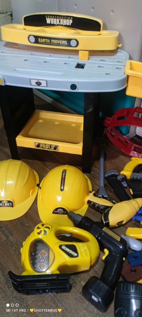 Kids Construction Workshop Toy Set with Tools and Helmets (Category: Kids Toys) located in Caloocan City. Submitted by risyapenil64601 (Listing ID 1460767963, Image 3). Description: Take all toys as is. Honest issue nawala na po yung 2 kinakabit pang stand sa toys gawan nyo na lang po paraan yun lang po ang issue. battery operated yung 2 item jan. bulky toys po ito.
