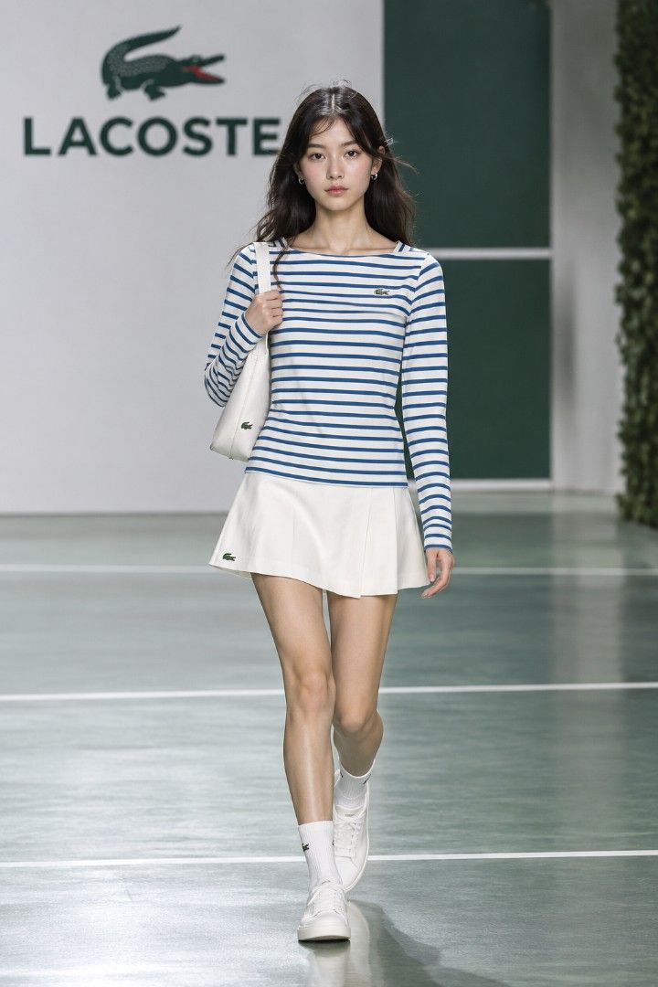 Lacoste striped long sleeve (Category: Longsleeves) located in Naga. Submitted by jadeyy-thriftcuration724 (Listing ID 1460768083, Image 1). Description: Pattern: Horizontal blue and off-white stripes. Neckline: A wide, slightly curved boat neck (or bateau neckline). Branding: The iconic embroidered Lacoste crocodile logo on the left chest.