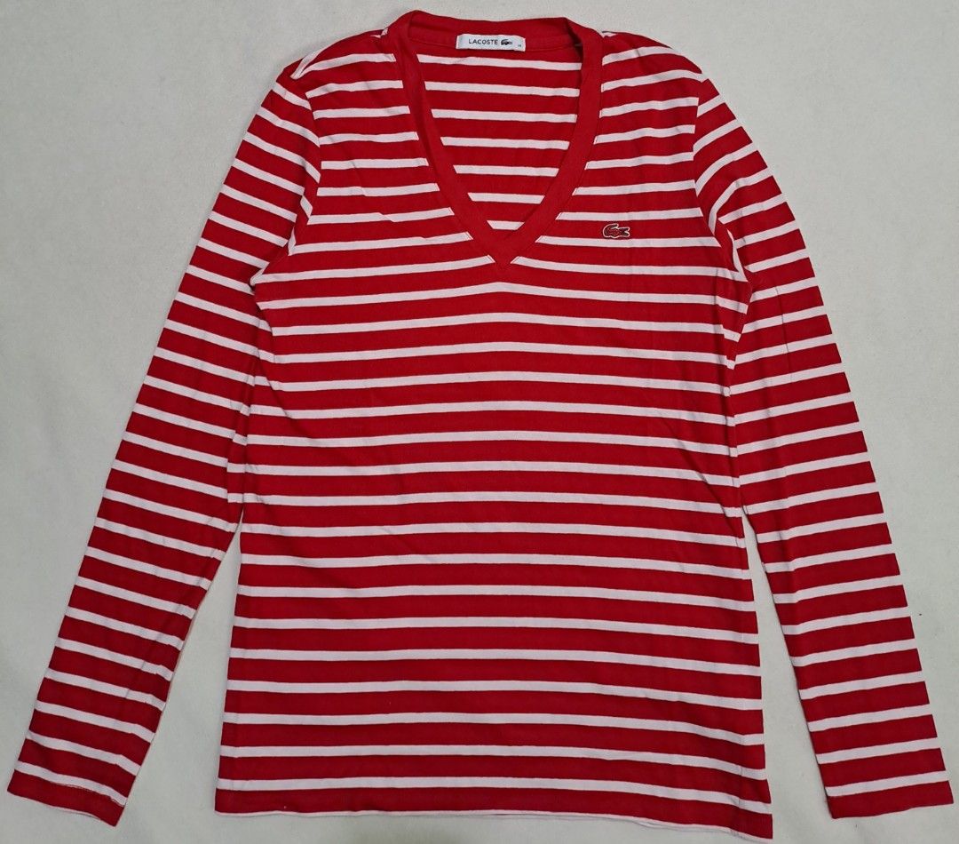 Lacoste V-Neck White and Red Stripe (Category: Longsleeves) located in Baguio. Submitted by che1224 (Listing ID 1460798954, Image 1). Description: Lacoste V-Neck White and Red Stripe.