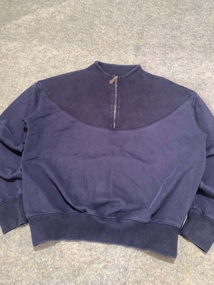 LE CODE VESTIMENTAIRE Y Washed Navy Heavyweight Half-Zip Sweatshirt (Category: Coats, Jackets and Outerwear) located in Bislig. Submitted by rndm_stff1 (Listing ID 1460887182, Image 3). Description: Flat Measurements (Inches) Shoulder Width: 20" Pit-to-Pit (Chest): 22" Sleeve Length: 21" Total Length: 21" Description: A premium Korean designer minimalist piece by LE CODE VESTIMENTAIRE Y. Built with a heavy 100% cotton French terry fabric in a ric