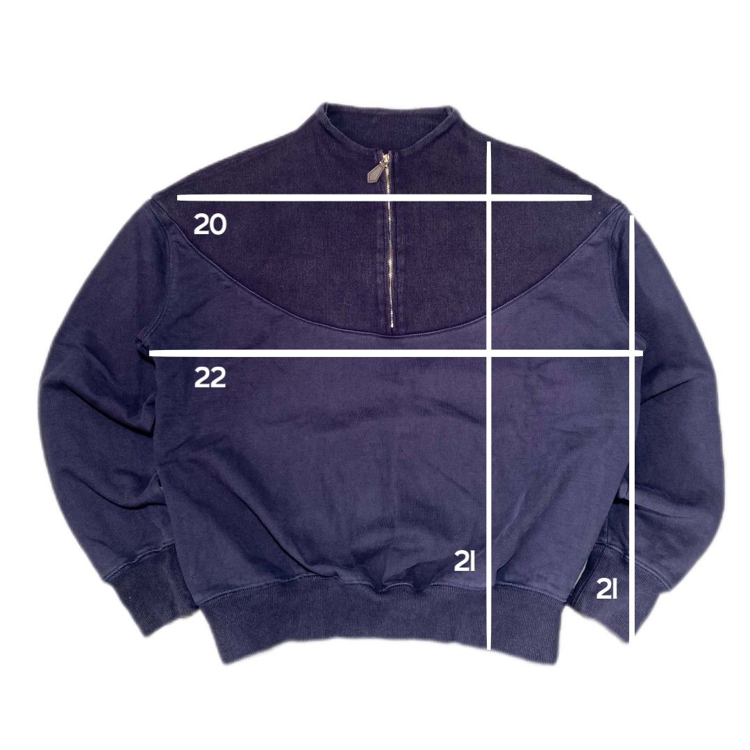 LE CODE VESTIMENTAIRE Y Washed Navy Heavyweight Half-Zip Sweatshirt (Category: Coats, Jackets and Outerwear) located in Bislig. Submitted by rndm_stff1 (Listing ID 1460887182, Image 2). Description: Flat Measurements (Inches) Shoulder Width: 20" Pit-to-Pit (Chest): 22" Sleeve Length: 21" Total Length: 21" Description: A premium Korean designer minimalist piece by LE CODE VESTIMENTAIRE Y. Built with a heavy 100% cotton French terry fabric in a ric