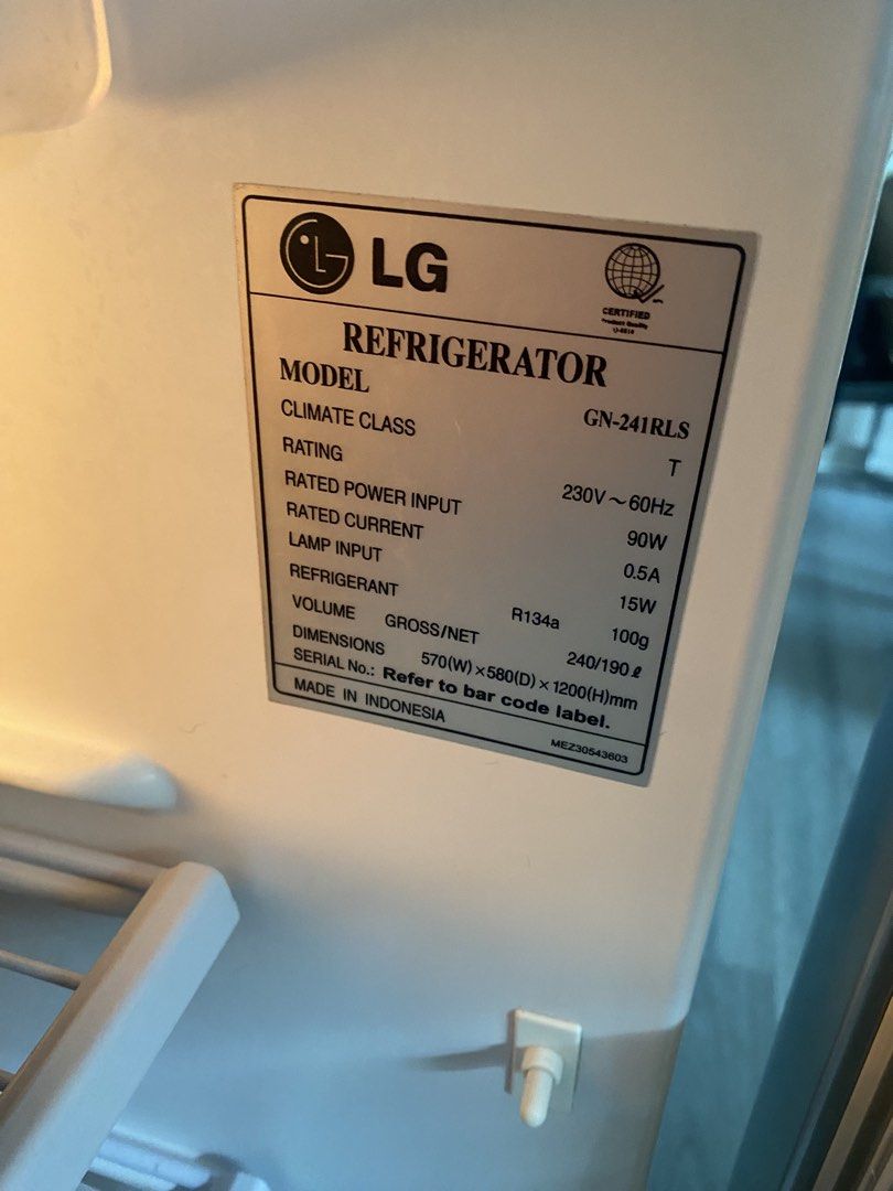 LG Refrigerator (Category: Refrigerators and Freezers) located in Manila. Submitted by joana_mae (Listing ID 1460841278, Image 2). Description: - LG Refrigerator GN-241RLS - Color: Silver - Type: Upright and manual frost - Condition: chipped freezer door - Features: Express Cool function, Interior light - Spacious interior for groceries - Dimensions: 570mm (W) x 1200mm (H) x 600mm (D) Location: BGC.