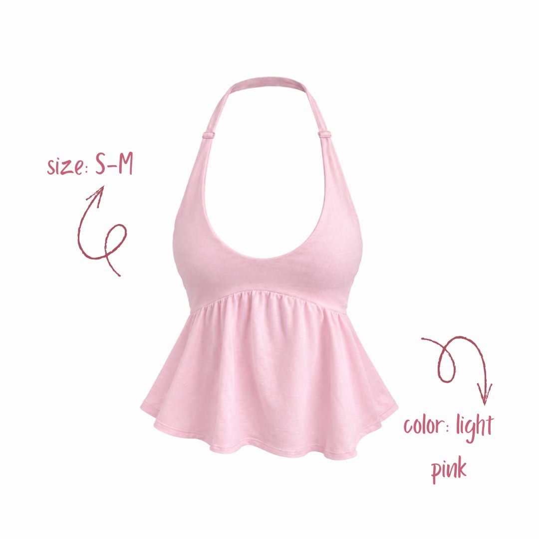 Light Pink Babydoll Halter Top (Category: Sleeveless) located in Manila. Submitted by aly_tgn (Listing ID 1460875620, Image 1). Description: - Cute light pink halter top - Babydoll style with flared hem - Size: S-M - Versatile for casual or dressed-up outfits - Easy to style with jeans or skirts.