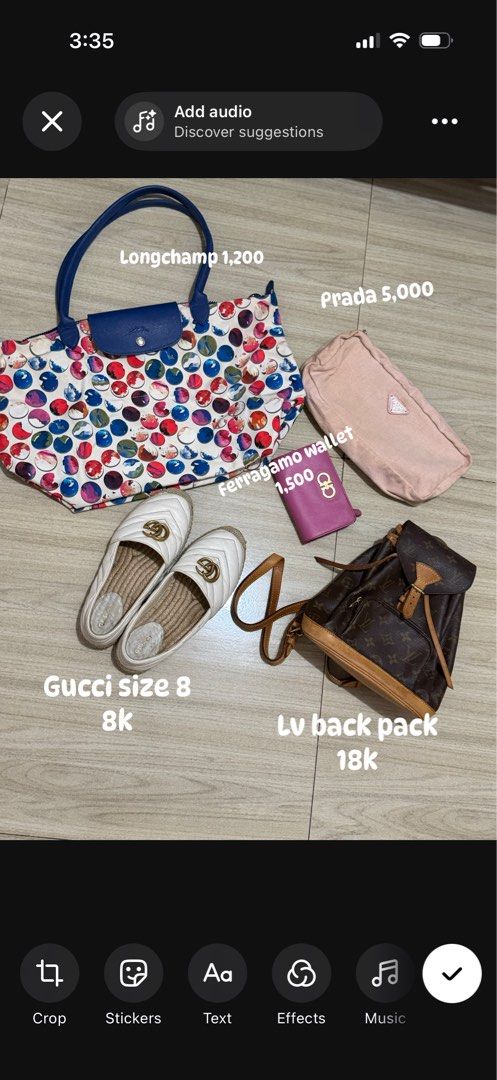 Longchamp, Prada, Gucci, Ferragamo, LV Bundle (Category: Luxury Bags & Wallets) located in Paranaque City. Submitted by athena40 (Listing ID 1460819741, Image 1). Description: - Bundle of designer items - Includes: Colorful Longchamp tote, Pink Prada pouch, White Gucci espadrilles (Size 8), Pink Ferragamo wallet, Louis Vuitton backpack - Prices clearly marked on the image - Excellent collection for sale.