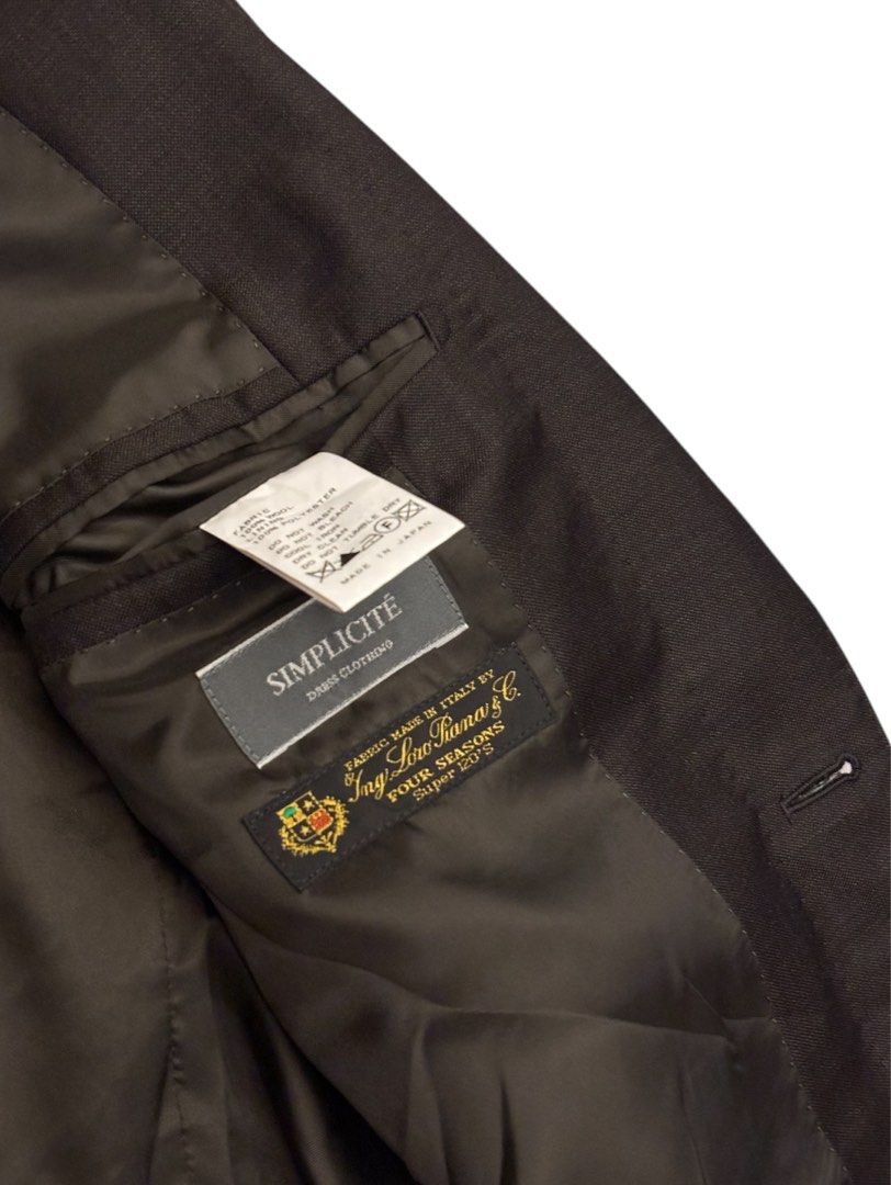 Loro Piana x Simplicite Virgin Wool Suit Jacket (Category: Coats, Jackets and Outerwear) located in Valenzuela. Submitted by katadatakph (Listing ID 1460742182, Image 2). Description: Loro Piana x Simplicite Virgin Wool Suit Jacket Dark Brown Size: 48 (S-M) Dimes: Width 21 Shoulders 17.5 Length 28.5 Crafted in Japan from Loro Piana fabric for Simplicité, this classic single-breasted, two-button suit jacket features horn buttons, a notch lapel, si