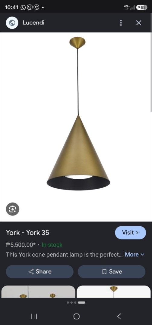 Lucendi York Cone Pendant Lamp (Category: Lighting) located in Pasig City. Submitted by erimurr (Listing ID 1460735080, Image 1). Description: - York cone pendant lamp - Elegant brass-like finish - RFS: Too short for our ceilings.