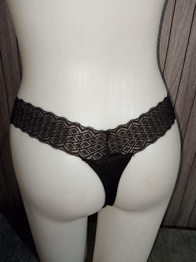 M: Black Lace Trim Thong Panties (Category: Undergarments & Loungewear) located in Manila. Submitted by truecrystal-1407 (Listing ID 1460844347, Image 2). Description: - Black thong panties - Delicate black lace trim on waistband and leg openings - Geometric diamond lace pattern - Comfortable and stylish for everyday wear - Made with soft fabric.