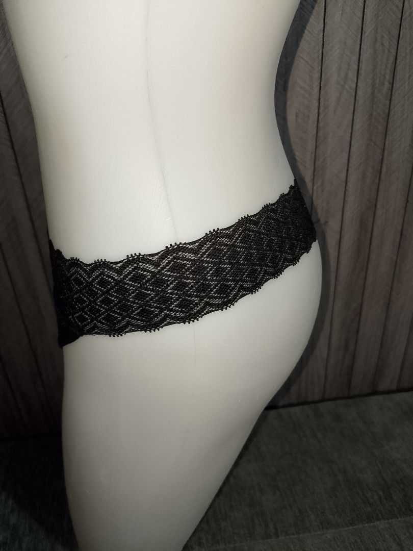 M: Black Lace Trim Thong Panties (Category: Undergarments & Loungewear) located in Manila. Submitted by truecrystal-1407 (Listing ID 1460844347, Image 3). Description: - Black thong panties - Delicate black lace trim on waistband and leg openings - Geometric diamond lace pattern - Comfortable and stylish for everyday wear - Made with soft fabric.