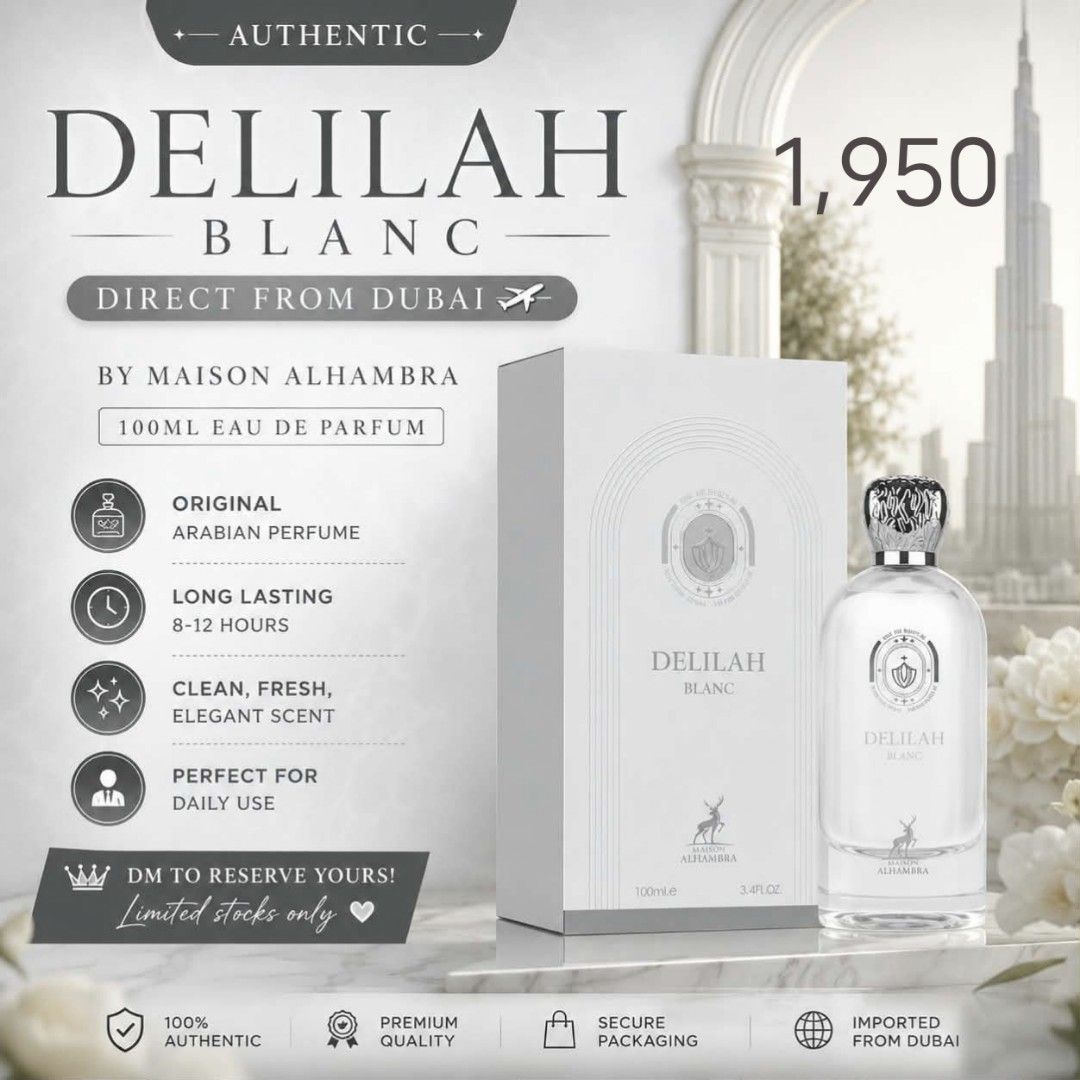 Maison Alhambra Delilah Blanc Eau de Parfum 100ml (Category: Fragrance & Deodorants) located in Valenzuela. Submitted by romelia032007 (Listing ID 1460786285, Image 1). Description: - Direct from Dubai - Maison Alhambra Delilah Blanc Eau de Parfum - 100ml bottle - Original Arabian perfume - Long-lasting scent (8-12 hours) - Clean and fresh fragrance - Perfect for daily use - Limited stocks available, DM to reserve!.