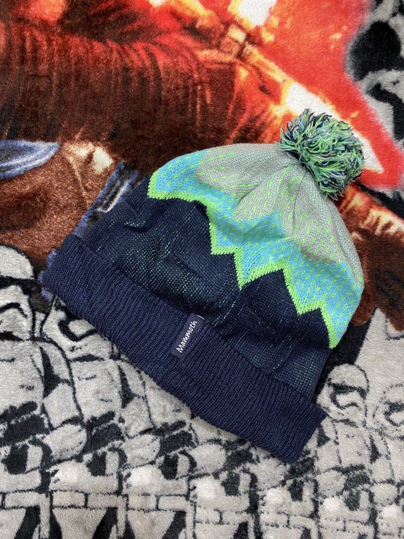 Mammoth Mountain California , Beanie hat (Category: Beanies) located in Cavite. Submitted by jc_thrift95 (Listing ID 1460798198, Image 2). Description: - This is an official Mammoth Mountain California knit beanie featuring a navy blue base and a grey-and-turquoise geometric pattern topped with a multi-colored pom-pom. - Color rate 9/10 - See details picture for dimes..