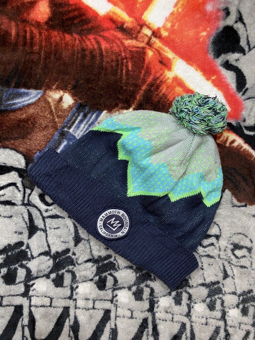 Mammoth Mountain California , Beanie hat (Category: Beanies) located in Cavite. Submitted by jc_thrift95 (Listing ID 1460798198, Image 1). Description: - This is an official Mammoth Mountain California knit beanie featuring a navy blue base and a grey-and-turquoise geometric pattern topped with a multi-colored pom-pom. - Color rate 9/10 - See details picture for dimes..