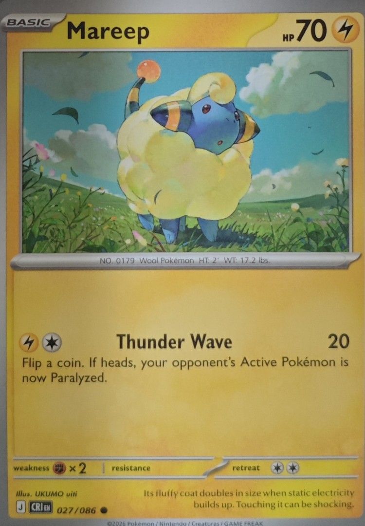 Mareep Pokemon Card - Basic Electric Type (Category: Raw Singles) located in Las Pinas. Submitted by funtoys18 (Listing ID 1460736150, Image 1). Description: - Mareep Pokemon Card - Card Number: 027/086 - Type: Basic Electric - HP: 70 - Attack: Thunder Wave - Perfect for collectors or players!.