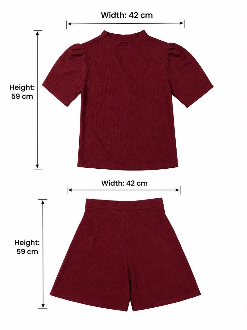 Maroon Ribbed Neck Top and Shorts Set#42 (Category: Sets or Coordinates) located in Caloocan City. Submitted by outfitloop (Listing ID 1460764872, Image 3). Description: - Cute maroon ribbed set - Top features short puff sleeves - Matching shorts have a wide leg design - Comfortable and stylish for everyday wear IMPORTANT: • 1st photo is an AI styling/model preview for reference on how the item may look when worn. • Please refer to the actual pho